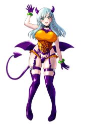 Rule 34 | 1girl, alternate costume, aqua hair, black choker, blush, boots, breasts, choker, demon horns, demon tail, demon wings, fake horns, fangs, gloves, green eyes, hair between eyes, halloween costume, highres, horns, kantai collection, large breasts, long hair, mikan 29344886, open mouth, purple footwear, purple gloves, purple tail, purple wings, simple background, smile, solo, suzuya (kancolle), tail, thigh boots, white background, wings