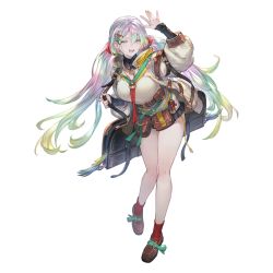 Rule 34 | 1girl, arm up, black skirt, breasts, brown footwear, cupitan (granblue fantasy), detached collar, gradient hair, granblue fantasy, green eyes, hair between eyes, hair ornament, jacket, large breasts, long hair, minaba hideo, multicolored hair, official art, open clothes, open jacket, open mouth, pouch, rainbow hair, red socks, shirt, simple background, skirt, socks, solo, standing, teeth, transparent background, twintails, upper teeth only