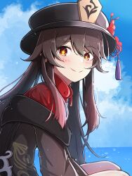 Rule 34 | 1girl, absurdres, black hat, black jacket, blush, day, flower, from side, genshin impact, hat, hat flower, heykenp 12, highres, hu tao (genshin impact), jacket, looking at viewer, outdoors, red eyes, red flower, red shirt, shirt, sitting, smile, solo, symbol-shaped pupils