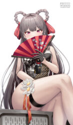 Rule 34 | 1girl, absurdres, bare shoulders, braid, braided hair rings, brown hair, china dress, chinese clothes, dress, earrings, flower, gloves, goddess of victory: nikke, grey hair, hair ribbon, hair rings, hand fan, highres, holding, holding fan, indoors, jewelry, legs, long hair, no panties, red eyes, ribbon, ryon y0421, sitting, solo, thigh strap, thighs, twin braids, very long hair, white flower, yan (nikke)