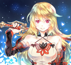 Rule 34 | 1girl, bare shoulders, blonde hair, blue background, breasts, detached sleeves, gradient background, long hair, milla (fractured), pink eyes, smile, solo, sword, tales of (series), tales of xillia, tales of xillia 2, weapon