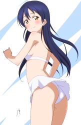 Rule 34 | 1girl, ass, bikini, bikini skirt, blue hair, blush, breasts, closed mouth, from behind, highres, long hair, looking at viewer, looking back, love live!, love live! school idol project, nagi mkrnpn, small breasts, smile, solo, sonoda umi, standing, swimsuit, white bikini, yellow eyes