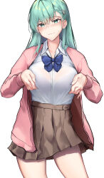 Rule 34 | 1girl, absurdres, aqua hair, blue bow, blue bowtie, blush, bow, bowtie, breasts, brown skirt, closed mouth, collared shirt, cowboy shot, green eyes, hair between eyes, hair ornament, hairclip, highres, jacket, kantai collection, large breasts, long hair, long sleeves, looking at viewer, open clothes, open jacket, pink jacket, pleated skirt, shirt, simple background, sing152, skirt, solo, suzuya (kancolle), white background, white shirt