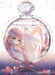 Rule 34 | 1girl, artist name, bad id, bad twitter id, bare legs, barefoot, bottle, dated, flower, frills, full body, hair flower, hair ornament, in bottle, in container, liquid, long hair, looking at viewer, original, perfume bottle, pink eyes, pink hair, repi, short sleeves, solo, submerged, thigh strap, very long hair