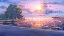 Rule 34 | arsenixc, beach, bridge, cloud, cloudy sky, commentary, day, everlasting summer, game cg, gradient sky, highres, no humans, outdoors, power lines, purple sky, reflection, sand, scenery, shore, sky, sun, sunlight, train, tree, waves