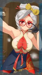 Rule 34 | 1girl, \m/, absurdres, bito maza18, black gloves, breasts, commentary request, eyeshadow, eyewear on head, gloves, grey hair, hair ornament, hair stick, half gloves, hands up, highres, indoors, large breasts, leaning forward, looking to the side, makeup, nintendo, pantyhose, puckered lips, purah, red-framed eyewear, red eyes, red eyeshadow, red pantyhose, round eyewear, selfie, shirt, short hair, sleeveless, sleeveless shirt, solo, the legend of zelda, the legend of zelda: tears of the kingdom, updo, white shirt