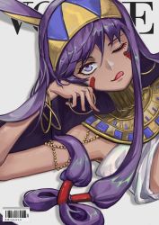 Rule 34 | 1girl, ;), absurdres, animal ears, bangle, barcode, bare shoulders, bracelet, closed mouth, cover, dark-skinned female, dark skin, earrings, egyptian, egyptian clothes, eyebrows, eyelashes, facial mark, facing viewer, fake cover, fate/grand order, fate (series), hair between eyes, hair tubes, hairband, halterneck, head rest, highres, hoop earrings, jackal ears, jewelry, kouta (pixiv5237495), licking lips, lips, long hair, looking at viewer, lying, magazine cover, necklace, nitocris (fate), nose, on side, one eye closed, parody, purple eyes, purple hair, ringed eyes, shadow, sidelocks, simple background, smile, solo, straight hair, tongue, tongue out, tsurime, turtleneck, upper body, vogue (magazine), white background