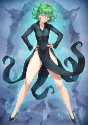 Rule 34 | 1girl, absurdres, aura, bare legs, black dress, breasts, covered navel, curly hair, dress, female focus, floating hair, full body, green eyes, green hair, hands on own hips, highres, hole in wall, matching hair/eyes, mogudan, one-punch man, pelvic curtain, psychic, serious, shiny skin, short hair, small breasts, solo, tatsumaki, thick thighs, thighs, wide hips