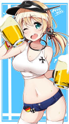 Rule 34 | 10s, 1girl, ;d, alcohol, alternate costume, anchor hair ornament, aqua eyes, badge, beer, beer mug, blonde hair, blue eyes, blush, bracelet, breasts, button badge, cowboy shot, crop top, cross, cup, german flag, germany, hair ornament, hat, highres, ichi-jirushi, iron cross, jewelry, kantai collection, large breasts, long hair, looking at viewer, midriff, mug, navel, one eye closed, open mouth, prinz eugen (kancolle), shiny skin, short shorts, shorts, skindentation, smile, solo, thighhighs, translation request, twintails, visor cap, white thighhighs