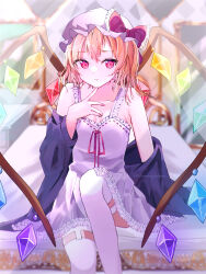 Rule 34 | 1girl, :t, absurdres, alternate costume, argyle, blonde hair, blurry, blurry background, bow, breasts, chiyonta, crystal, dress, feet out of frame, flandre scarlet, garter straps, hand up, hat, hat bow, highres, leg up, medium hair, mob cap, off shoulder, on bed, one side up, pink eyes, red bow, red ribbon, ribbon, sitting, small breasts, solo, thighhighs, touhou, white dress, white thighhighs, wings
