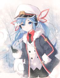 Rule 34 | 1girl, bare tree, black coat, black gloves, black necktie, blouse, blue eyes, blue hair, buttons, coat, collared shirt, commentary, cowboy shot, dawon, fur-trimmed coat, fur trim, gloves, hair between eyes, hand in pocket, hat, hatsune miku, index finger raised, light blush, long hair, looking at viewer, necktie, outdoors, red shirt, sailor hat, shirt, smile, snow, snowflakes, snowing, solo, swept bangs, thick eyebrows, tree, twintails, vocaloid, white hat, winter, winter clothes, winter coat, yuki miku, yuki miku (2022)