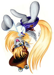 Rule 34 | 1girl, blonde hair, colored pencil (medium), cosplay, cross-eyed, crossover, dated, derpy hooves, dress, female focus, hair ribbon, happy, hat, highres, lavos vs bahamut, moriya suwako, moriya suwako (cosplay), my little pony, my little pony: friendship is magic, ribbon, simple background, solo, touhou, traditional media, upside-down, white background, wings, yellow eyes