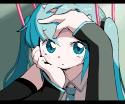 Rule 34 | 1girl, aqua hair, aqua necktie, blue eyes, blush, collared shirt, commentary, detached sleeves, dokan (dkn), dot nose, green background, grey shirt, hand on own face, hatsune miku, light blush, necktie, parted lips, shirt, solo, twintails, upper body, vocaloid