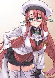 Rule 34 | 1girl, aqua hair, ascot, aty (summon night), bad id, beret, blush, boots, breasts, cape, coat, cross-laced footwear, glasses, gloves, gradient hair, green eyes, green hair, hand on own hip, hat, highres, lace-up boots, large breasts, leaning, leaning forward, long hair, matching hair/eyes, matsuryuu, multicolored hair, red-framed eyewear, red hair, skirt, smile, solo, summon night, summon night 3, summon night 5, thigh boots, thighhighs, two-tone hair, white footwear, white thighhighs