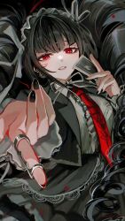 Rule 34 | 1girl, absurdres, black hair, black nails, bonnet, card, celestia ludenberg, claw ring, cowboy shot, danganronpa: trigger happy havoc, danganronpa (series), drill hair, earrings, frills, gothic lolita, hands up, highres, holding, holding card, jacket, jewelry, lolita fashion, long hair, long sleeves, looking at viewer, maronrice, nail polish, necktie, pointing, pointing at viewer, red eyes, red necktie, shirt, smile, solo, teeth, twin drills, twintails