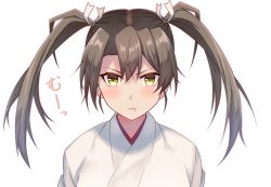 Rule 34 | 1girl, blush, commentary request, dark green hair, hair ribbon, japanese clothes, kantai collection, long hair, looking at viewer, ohiya, pout, ribbon, simple background, solo, twintails, upper body, white background, white ribbon, yellow eyes, zuikaku (kancolle)