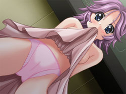 Rule 34 | 1girl, banpresto, blue eyes, blush, breasts, clothes in mouth, clothes lift, latune subbota, lowres, medium breasts, mouth hold, navel, panties, panties only, pink panties, purple hair, short hair, skirt, skirt in mouth, skirt lift, solo, super robot wars, super robot wars original generation, topless, underwear, underwear only