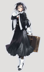 Rule 34 | 1girl, black capelet, black hair, black jacket, black pantyhose, black skirt, blue eyes, boots, briefcase, capelet, carrying, carrying bag, closed mouth, empew, full body, gloves, grey background, hair between eyes, hand on own head, jacket, long skirt, long sleeves, necktie, original, pantyhose, pleated skirt, red necktie, shirt, short hair, simple background, skirt, solo, standing, white footwear, white gloves, white shirt