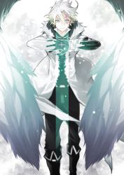 Rule 34 | 1boy, absurdres, black footwear, boots, closed mouth, coat, cross, d.gray-man, duplicate, feathered wings, fur-trimmed coat, fur trim, gloves, glowing, grey eyes, hair between eyes, highres, holding own arm, looking at viewer, male focus, open clothes, open coat, scar, scar across eye, single glove, solo, white coat, white gloves, white hair, wings, yoshio (55level)