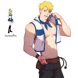 Rule 34 | 1boy, 1girl, abs, bara, bare arms, belt, belt pouch, blonde hair, brown eyes, costume, earrings, fairy tail, genderswap, genderswap (ftm), grin, groin, head tilt, holding, holding clothes, jewelry, looking to the side, lucy heartfilia, male focus, muscular, muscular male, neckerchief, open clothes, open vest, pectoral cleavage, pectorals, pouch, projected inset, punim410, short hair, smile, solo focus, standing, stud earrings, tattoo, underpec, vest, white background
