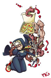 Rule 34 | 1girl, alex ahad (style), artist name, blonde hair, breasts, closed eyes, cross, cross necklace, double (skullgirls), drawfag, dual persona, extra mouth, food, habit, highres, hip focus, holding, impossible clothes, jewelry, large breasts, mario grant, mutant, necklace, nun, parody, pizza, red eyes, signature, simple background, skateboard, skullgirls, smile, teeth, tentacles, white background, wide hips