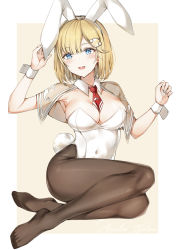 Rule 34 | 1girl, absurdres, animal ears, armpits, blonde hair, blue eyes, blush, breasts, brown pantyhose, capelet, cleavage, covered navel, detached collar, fake animal ears, fake tail, hands up, highres, hololive, hololive english, leotard, looking at viewer, medium breasts, necktie, open mouth, pantyhose, playboy bunny, rabbit ears, rabbit tail, red necktie, short hair, short necktie, simple background, sitting, smile, solo, strapless, strapless leotard, tail, virtual youtuber, watson amelia, white leotard, wrist cuffs, yokozuwari, yukineko1018