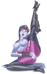 Rule 34 | 1girl, absurdres, armor, blue hair, blue skin, bodysuit, breasts, breasts out, colored skin, high heels, highres, large breasts, leg up, nipples, overwatch, overwatch 1, pussy, spread pussy, tattoo, tongue, tongue out, torn bodysuit, torn clothes, uncensored, widowmaker (overwatch), yellow eyes