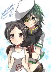 Rule 34 | 10s, 2015, 2girls, black eyes, black hair, blush, brown gloves, cape, choker, dated, diving mask, diving mask on head, eyepatch, gloves, goggles, goggles on head, green eyes, green hair, hands on another&#039;s shoulders, hat, kantai collection, kiso (kancolle), looking at another, looking at viewer, maru-yu (kancolle), multiple girls, navel, one-piece swimsuit, remodel (kantai collection), school swimsuit, school uniform, serafuku, short hair, short sleeves, smile, swimsuit, takeshima eku, twitter username, upper body, white one-piece swimsuit, white school swimsuit