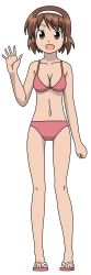 Rule 34 | bikini, brown eyes, brown hair, flip-flops, hairband, highres, matching hair/eyes, nagatsuki sanae, sandals, shinryaku! ikamusume, solo, swimsuit, waving