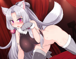 Rule 34 | 1girl, all fours, animal ears, animal hands, armlet, blush, boots, bottomless, breath, covered erect nipples, dutch angle, fang, fat mons, fur trim, gloves, grey footwear, high heel boots, high heels, highres, impossible clothes, impossible shirt, long hair, looking at viewer, navel, null (nyanpyoun), open mouth, parted bangs, paw gloves, paw pose, puffy nipples, purple eyes, shirt, sidelocks, silver hair, skindentation, slit pupils, solo, sweat, tail, thigh boots, thighhighs, touhoku itako, very long hair, voiceroid