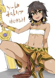 Rule 34 | 10s, 1girl, :d, amazon warrior, anklet, arm support, asanagi, bandeau, bare arms, bare shoulders, barefoot, breasts, brown hair, crop top, dark-skinned female, dark skin, dungeon ni deai wo motomeru no wa machigatteiru darou ka, fang, feet, green eyes, hair between eyes, highres, jewelry, lips, looking at viewer, messy hair, midriff, navel, off shoulder, open mouth, planted, polearm, release date, sarong, short hair, small breasts, smile, spear, squatting, sword oratoria, thighs, tiona hiryute, toes, weapon