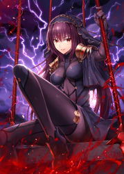 Rule 34 | 1girl, armor, bodysuit, breasts, fate/grand order, fate (series), gabiran, gae bolg (fate), holding, holding weapon, long hair, medium breasts, parted lips, pauldrons, polearm, purple bodysuit, purple hair, red eyes, scathach (fate), scathach (fate), shoulder armor, solo, spear, weapon