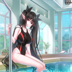 Rule 34 | 1girl, black hair, blue sky, breasts, copyright name, day, hand up, impossible clothes, impossible swimsuit, kerberos blade, large breasts, long hair, looking at viewer, one-piece swimsuit, plant, pointy ears, pool, potted plant, red eyes, roka 01u1, sitting, sky, smile, soaking feet, solo, swimsuit, very long hair