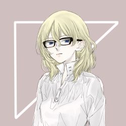 Rule 34 | 1girl, anmitsu sd, blonde hair, blue eyes, girls und panzer, glasses, hair behind ear, highres, light frown, long sleeves, looking at viewer, medium hair, messy hair, oshida (girls und panzer), pink lips, shirt, simple background, solo, unbuttoned, unbuttoned shirt, white shirt