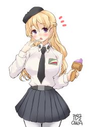 Rule 34 | 1girl, anzio school uniform, artist name, black skirt, blonde hair, braid, breasts, collared shirt, cosplay, dated, dress shirt, eating, food, french braid, girls und panzer, highres, ice cream, kantai collection, large breasts, long hair, one-hour drawing challenge, owa (ishtail), pantyhose, pleated skirt, purple eyes, school uniform, shirt, simple background, skirt, solo, wavy hair, white background, white pantyhose, white shirt, zara (kancolle)