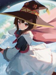 Rule 34 | 1boy, 1girl, blurry, blurry background, broom, broom riding, brown hair, cape, character request, check character, closed mouth, commentary, cowboy shot, cross-shaped pupils, danraz0r, dress, earth (planet), english commentary, hat, highres, invincible (series), kono subarashii sekai ni shukufuku wo!, long sleeves, looking at viewer, medium hair, megumin, mismatched pupils, multicolored clothes, multicolored dress, omni-man, planet, red cape, red eyes, sidelocks, skirt, smile, space, star (sky), symbol-shaped pupils, white dress, white skirt, wide sleeves, witch hat
