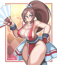 Rule 34 | 1girl, absurdres, blush, breasts, brown eyes, brown hair, checkered background, cleavage, commentary, cowboy shot, eyebrows, fatal fury, full body, gloves, hand fan, heart, highres, huge breasts, japanese clothes, long hair, looking to the side, no bra, red gloves, revealing clothes, sagas293, shiranui mai, sideboob, smile, snk, solo, symbol-only commentary, the king of fighters, thick thighs, thighs, white background