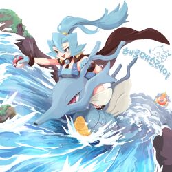 Rule 34 | 1girl, :d, blue bodysuit, bodysuit, brown cape, cape, clair (pokemon), commentary request, commission, creatures (company), fish, floating cape, floating hair, game freak, gen 1 pokemon, gen 2 pokemon, gloves, hair between eyes, highres, holding, holding poke ball, kingdra, korean commentary, korean text, magikarp, nintendo, open mouth, poke ball, poke ball (basic), pokemon, pokemon hgss, ponytail, riding, riding pokemon, smile, teeth, translation request, ttrtag, upper teeth only, water