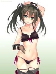 Rule 34 | 1girl, :d, arm behind head, black bra, black panties, blush, bra, breasts, brown gloves, collarbone, commentary request, gloves, groin, hair between eyes, hair ribbon, kantai collection, long hair, medium breasts, navel, open mouth, panties, partially fingerless gloves, ribbon, shirokitsune, side-tie panties, sidelocks, simple background, smile, solo, stomach, thighhighs, twintails, twitter username, underwear, underwear only, white thighhighs, zuikaku (kancolle)