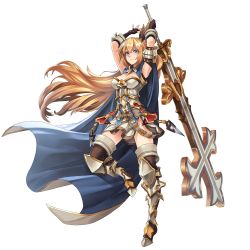 Rule 34 | 1girl, armor, armored boots, arms up, blonde hair, boots, breasts, cape, cleavage, cross, fingerless gloves, full body, gloves, hair ornament, highres, holding, holding sword, holding weapon, huge weapon, liberation of the blue sky, long hair, looking at viewer, medium breasts, serious, simple background, skirt, solo, sword, thigh boots, thighhighs, very long hair, weapon, white background