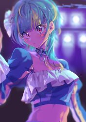 Rule 34 | 1girl, backlighting, blue hair, blue shirt, blunt bangs, blurry, blurry background, breasts, cleavage, commentary request, cropped shirt, eyeshadow, facial mark, green eyeshadow, green hair, hair ornament, highres, idol clothes, long hair, long sleeves, looking at viewer, makeup, multicolored hair, omega auru, omega auru (primagista), parted lips, pink eyes, pretty series, shirt, small breasts, solo, stage lights, streaked hair, tsujii luki, upper body, waccha primagi!