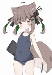 Rule 34 | 1girl, animal ear fluff, animal ears, blue one-piece swimsuit, blush, breasts, brown eyes, brown hair, closed mouth, colored inner hair, commentary, covered navel, cowboy shot, green hair, looking at viewer, multicolored hair, old school swimsuit, one-piece swimsuit, original, pen tablet, risu (ritharte), school swimsuit, short hair, simple background, small breasts, solo, squirrel ears, squirrel girl, squirrel tail, stylus, swimsuit, symbol-only commentary, tail, twintails, two-tone hair, white background