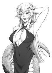 Rule 34 | 1girl, absurdres, breasts, breasts apart, commission, commissioner upload, dress, forked tongue, greyscale, hair between eyes, hair ornament, highres, jewelry, lamia, lipstick, long hair, looking at viewer, makeup, miia (monster musume), monochrome, monster girl, monster musume no iru nichijou, moonmirageart, necklace, no bra, pointy ears, scales, slit pupils, solo, tongue, tongue out, transparent background, wide hips