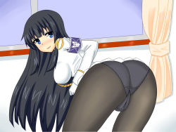 Rule 34 | 10s, 1girl, artist request, ass, bent over, black hair, blue eyes, blush, breasts, cameltoe, come hither, from behind, highres, ikaruga (senran kagura), large breasts, leaning, leaning forward, long hair, looking at viewer, looking back, military, military uniform, open mouth, panties, panties under pantyhose, pantyhose, senran kagura, sideboob, smile, solo, underwear, uniform, very long hair