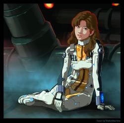 Rule 34 | 1girl, alien, asian, bodysuit, boots, brown hair, choujikuu yousai macross, commentary, commentary request, damaged, emblem, fog, gloves, hayase misa, highres, lights, lips, long hair, looking at viewer, lying, machinery, macross, on side, pilot suit, realistic, redesign, resting, science fiction, signature, spacecraft interior, spacesuit, spoilers, tired, u.n. spacy, uniform, walkermachine, wrist computer, zentradi