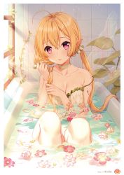 Rule 34 | 1girl, ahoge, artist name, bare shoulders, bathing, bathtub, blonde hair, blush, breasts, camisole, choker, cleavage, closed mouth, collarbone, day, fairy, fairy wings, flower, frills, hair flower, hair ornament, highres, indoors, knees up, large breasts, long hair, looking at viewer, low twintails, multiple wings, otona no moeoh, page number, partially submerged, pink eyes, pink flower, plant, pointy ears, rose, rosuuri, scan, sitting, smile, solo, strap slip, sunlight, tile wall, tiles, transparent wings, twintails, tying hair, water, wet, white choker, white flower, white rose, window, wings