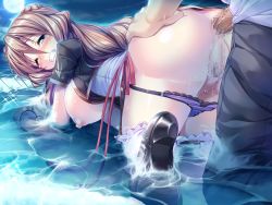 Rule 34 | 1girl, anal, anus, aozora stripe, blue eyes, blush, braid, breasts, brown hair, censored, clenched teeth, game cg, large breasts, long hair, moon, night, nipples, open mouth, panties, penis, piromizu, purple panties, pussy, sawatari kyouko, teeth, underwear, water, wet