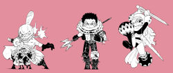 Rule 34 | 1girl, 3boys, abs, absurdres, arm tattoo, arms up, attack, aura, beard, belt, blacknirrow, boots, bracelet, breasts, brother and sister, brothers, burn scar, cape, character request, charlotte cracker, charlotte katakuri, charlotte smoothie, chest tattoo, chibi, clenched hands, clenched teeth, collarbone, constricted pupils, dual wielding, extra arms, extra legs, facial hair, fighting stance, forehead, full body, fur collar, gloves, grin, hair over one eye, hairband, hand up, happy, helmet, high heels, highres, holding, holding shield, holding sword, holding trident, holding weapon, horns, jewelry, jumping, knee pads, legs apart, leotard, long hair, long sleeves, looking at viewer, looking to the side, medium breasts, medium hair, monochrome, multiple boys, nipples, no shirt, one eye covered, one piece, open mouth, outstretched arm, own hands together, pants, pectorals, pink background, polearm, scar, scar across eye, scar on face, scarf, sheath, shield, shiny clothes, short hair, siblings, simple background, sketch, smile, spiked anklet, spiked bracelet, spiked hair, spikes, spread legs, standing, straight-on, sword, tattoo, teeth, thigh boots, thigh strap, thighs, topknot, topless male, trident, two-handed, v-shaped eyebrows, weapon