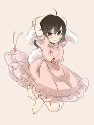 Rule 34 | 1girl, animal ears, arms up, bad id, bad twitter id, barefoot, black hair, carrot necklace, dress, full body, grey background, hands up, highres, inaba tewi, looking at viewer, necklace, pink dress, rabbit ears, rabbit girl, rabbit tail, red eyes, red ribbon, ribbon, simple background, smile, solo, tail, touhou, tsukiori