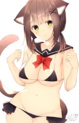Rule 34 | 1girl, animal ear fluff, animal ears, bikini, black bikini, black sailor collar, blush, bow, breasts, brown hair, cat ears, cat girl, cat tail, chita (ketchup), cleavage, closed mouth, collarbone, commentary request, gluteal fold, green eyes, groin, hair ornament, hands up, highres, long hair, looking at viewer, low twintails, lowleg, lowleg bikini, medium breasts, original, red bow, sailor collar, signature, simple background, solo, swimsuit, tail, thigh gap, twintails, white background, x hair ornament